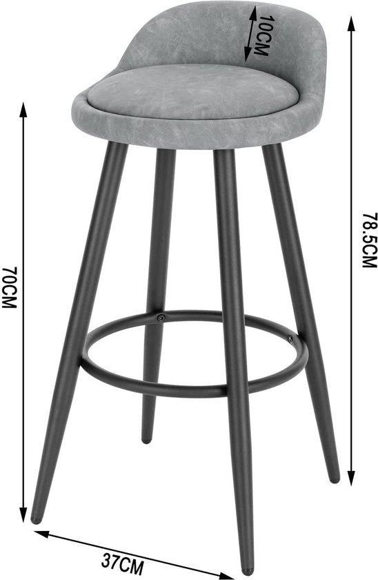 Leren Barkruk Nila - Barstoelen ergonomisch - Set van 1 - Grijs - Met kleine rugleuning - Voor Keuken & bar - Zithoogte 69cm
