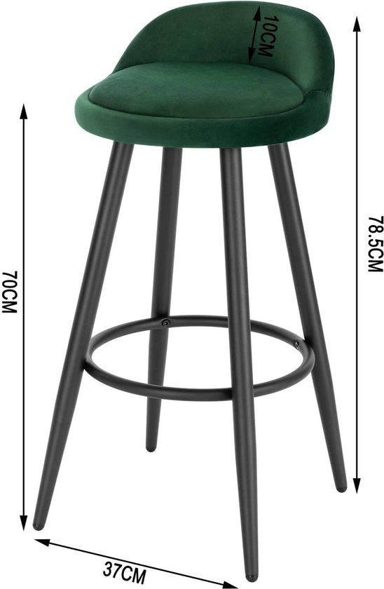 Velvet Barkruk Jerino - Barstoelen ergonomisch - Set van 1 - Donkergroen - Met kleine rugleuning - Voor Keuken & bar - Zithoogte 69cm
