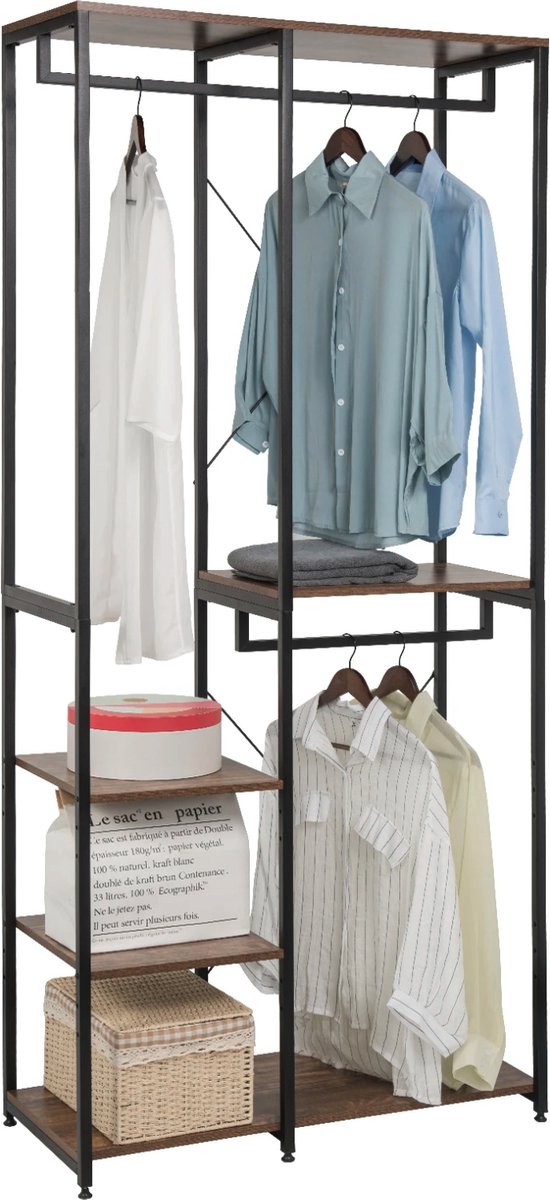 Kledingrek Zita - Met 2 planken - Vintage - Schoenen rek - Garderobekast organizer - Garderoberek - Kledingkast hout - Met Opbergruimte - Bruin