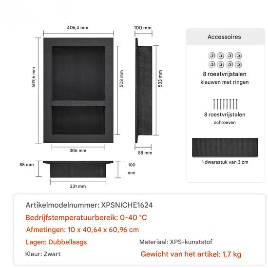 Douchenis - Wandnis - Inbouwnissen- Voor Badkamer & Douche - Zwart - 2 vakken - 41 × 107 cm
