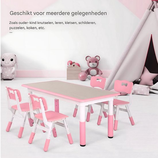 Kindertafel Valora en 4 Stoelenset - Voor Peuters en Kleuters - In Hoogte Verstelbaar - Multifunctioneel voor Studie, Schrijven & Spelen - Duurzaam Kunststof - Geel - 120x60cm