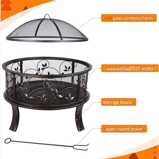 Vuurkorf met vonkenscherm - 69cm - Voor buiten - Vuurschaal - BBQ - Tuinhaard - Sfeerhaard