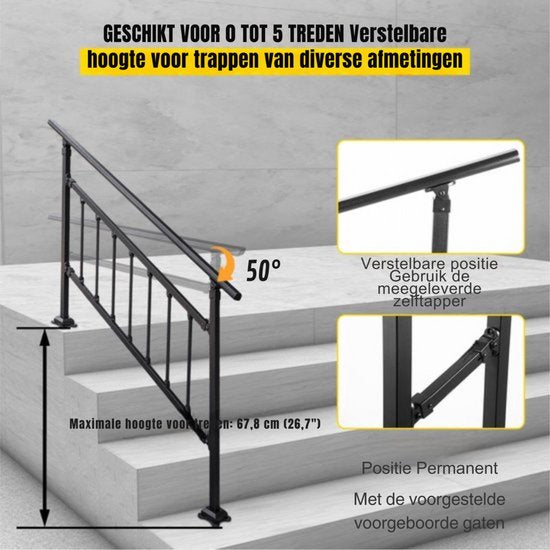 Trapleuning 172cm - Balustrade voor 1-4 tredens - Houders - Leuningen voor Trappen - Staal - Met trapleuninghouders