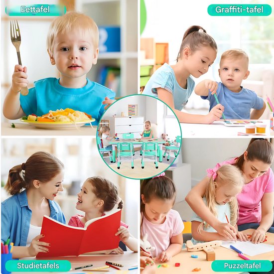 Kindertafel en 4 Stoelenset - Voor Peuters en Jonge Kinderen - Verstelbare Tafelset voor Spelen, Studeren & Tekenen - Duurzaam Kunststof in Neutrale Kleuren - Groen - 120x60cm