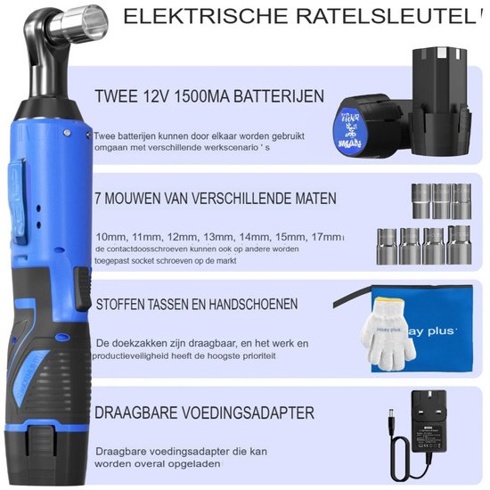 Elektrische Ratel Tavien - Draadloos 3/8'' - 90° Hoeksleutel - LED Werklamp - Incl. 7-delige Doppenset & 2 Accu's