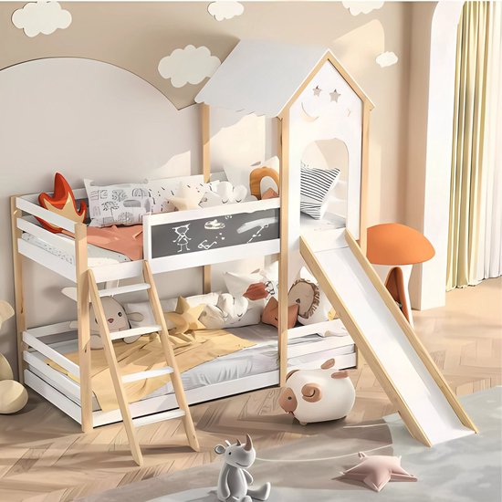 Luxe stapelbed Valora voor kinderen - Met glijbaan - 90x200 cm - 2 kinderbedden - Met Hoektrap, valbeveiliging en raam - Peuterbed