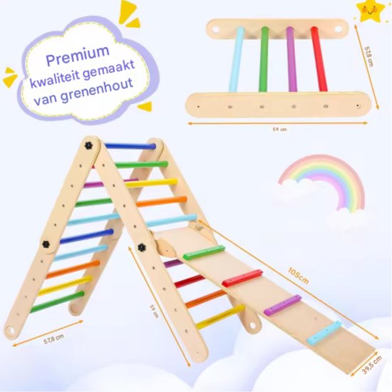 3-in-1 opvouwbaar driehoekig klimspeelgoed - Buitenspeelgoed - Voor kinderen, speelgym, klimmer en rocker - Binnenklimtoestel met oprit - Houtlook
