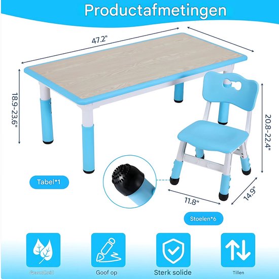 Kindertafel Valora en 4 Stoelenset - Voor Peuters en Kleuters - In Hoogte Verstelbaar - Multifunctioneel voor Studie, Schrijven & Spelen - Duurzaam Kunststof - Geel - 120x60cm