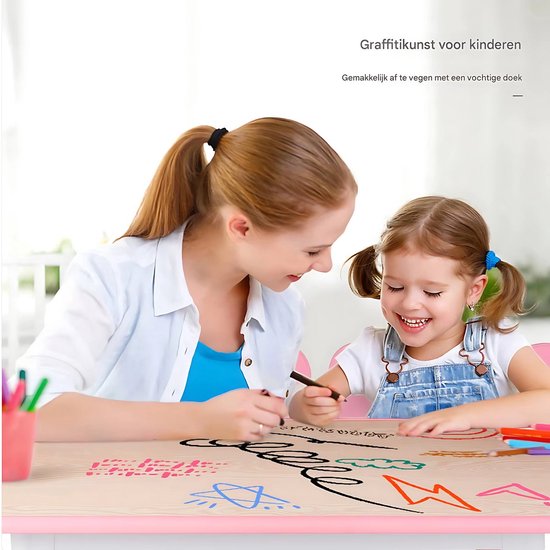 Kindertafel Tavien en 4-stoelenset - In hoogte verstelbare tafelset voor peuters met meerdere activiteit - Studie, schrijven en spelen voor kinderen - Roze - 120x60cm