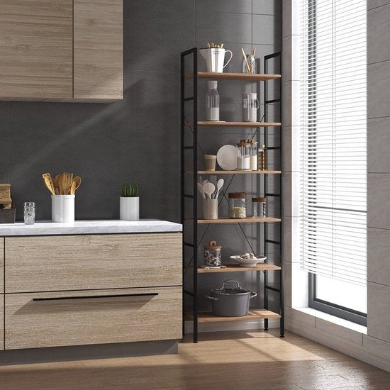 Bolt Edge Boekenkast - Zwart/Oak - Industrieel - 6 Lagen - 60x28x180cm - Hout/Metaal