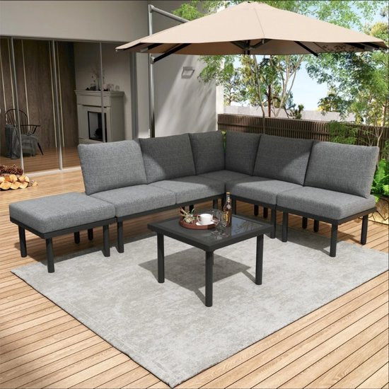 6-delig Tuin Loungeset - Tuinmeubelset - Voor Buiten & Terras - Met Glazen Tafelblad & Kussens - Touwgaas & IJzeren Frame - Grijs
