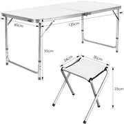 Campingtafel 5 delig - Kampeertafel - Opvouwbaar - Klaptafel - Voor Camping en Tuin - Inklapbaar met 4 Krukken - Aluminium 120 cm - Wit
