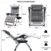 Opvouwbare Ligstoel voor de Tuin - Tuinstoel - Ligbed - Verstelbaar met Hoofdsteun en Bekerhouder - Comfortabel Afneembaar Katoenen Kussen - 2 stuks- Grijs