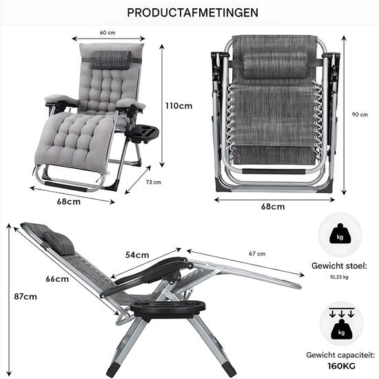Opvouwbare Ligstoel voor de Tuin - Tuinstoel - Ligbed - Verstelbaar met Hoofdsteun en Bekerhouder - Comfortabel Afneembaar Katoenen Kussen - 2 stuks- Grijs