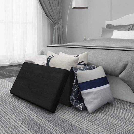 Moderne Opbergbank Zerio - Met opbergruimte - Zitbank Poef - Voetenbank - Opbergbox hocker - Zitkist met deskel - Zwart - Velvet - 76x38x38 cm