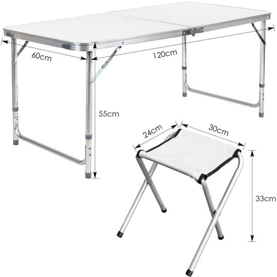 Kampeertafel 5-delig - Opvouwbaar - Klaptafel - Voor Camping en Tuin - Inklapbaar met 4 Krukken - Aluminium 120 cm - Wit