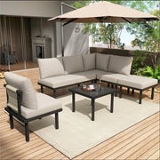 6-delig Tuin Loungeset - Tuinmeubelset - Voor Buiten & Terras - Met Glazen Tafelblad & Kussens - Touwgaas & IJzeren Frame