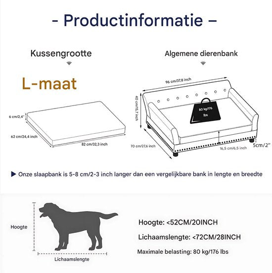 Hondenbank Princesso Fioren - 93cm - Hondenbed - Hondensofa op poten - Hondenzetel - Comfort en zacht - Afneembaar kussen - Zacht