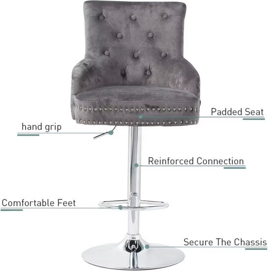 Barkrukken Luxe Valora - Set van 2 - Met rugleuning - Zwart - Velvet - Verstelbaar - Voor Keuken, Bar of woonkamer - Draaibaar