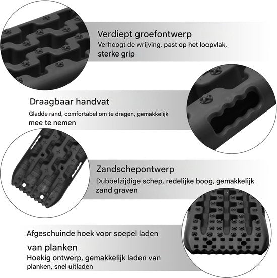 Oprijplaat 2-delig - Tractiebord 2-delig - Oprijblokken - Voor Offroad, Sneeuw & Modder - voor campers & voertuigen - Zand of sneeuw - Zwart