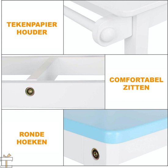 Happyment Kindertafel en 2 Stoeltjes - Kindermeubel - Speeltafel - Kinderbureau - Wit, blauw, oranje