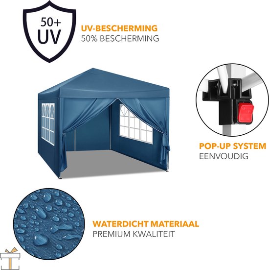 Happyment Partytent met zijwanden - Easy up - Opvouwbaar - Paviljoen - Waterdicht weerbestendig - Blauw - 3x3 m
