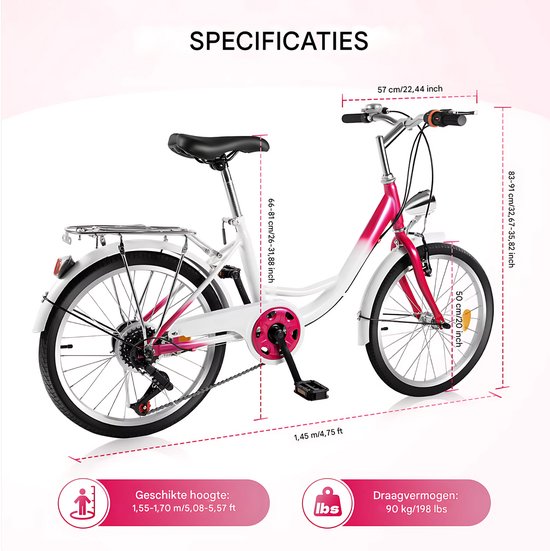 Kinderfiets Rosaline - 20 inch - 6 versnellingen - Roze - Voor meisjes - Peuterfiets - Verstelbaar in hoogte