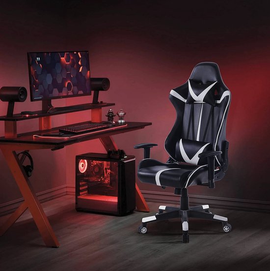 Happyment Gamestoel Liverpool - Kunstleer - Met rugleuning en armleuning - In hoogte verstelbaar - Ergonomisch - Wit/zwart