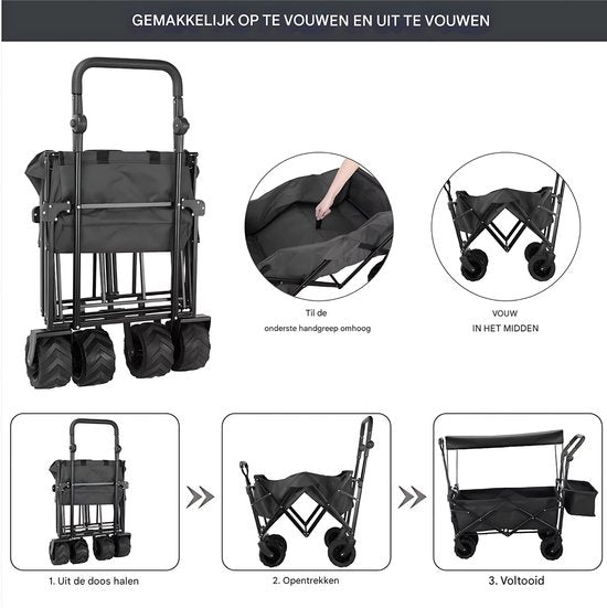 Opvouwbare bolderkar XL - 262L - Opvouwbaar tuinwagen - Met duwstang - Voor buitengebruik - Met verwijderbare luifel en 115 kg capaciteit - All terrain - Grijs