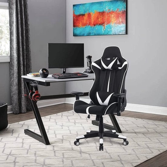 Happyment Gamestoel Sheffield - Stof - Met rugleuning en armleuning - In hoogte verstelbaar - Ergonomisch - Wit/Zwart