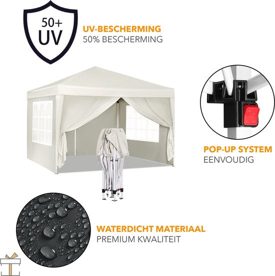 Happyment Partytent met zijwanden - Paviljoen - Easy up - Opvouwbaar - Waterdicht weerbestendig - Creme - 3x3 m