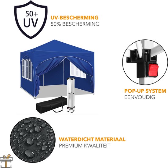 Happyment Luxe Partytent met zijwanden - Blauw - Opvouwbaar - Easy up - Paviljoen - Waterdicht weerbestendig - 3x3 m
