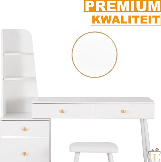 Bolt Edge Kaptafel - Wit - Inclusief Spiegel en Krukje - Make-up Tafel voor Meisjes - Voor Kinderen en Volwassenen