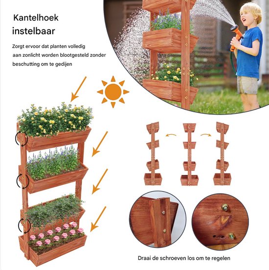 Tuinbed Tavien voor binnen en buiten - 4 lagen - Houten moestuin - Plantenbak - Tuibak voor bloemen - Tuinieren - 140x65cm