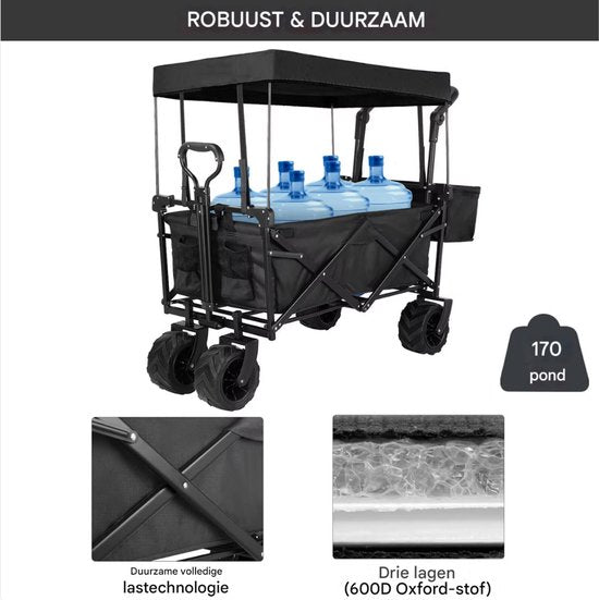 Opvouwbare bolderkar XL - 262L - Opvouwbaar tuinwagen - Met duwstang - Voor buitengebruik - Met verwijderbare luifel en 115 kg capaciteit - All terrain - Zwart
