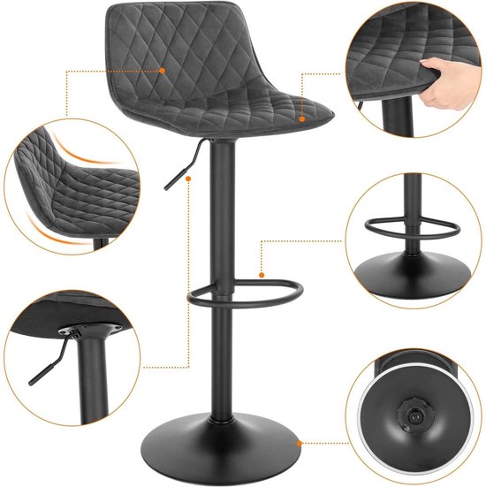 Barkruk - Donkergrijs Velvet - Industrial - Verstelbaar - Set van 2