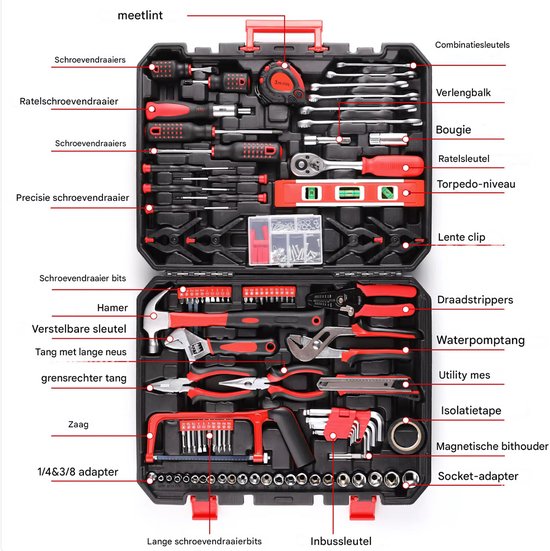 Gereedschapset - 198-delige - Gereedschapskoffer gevuld - Gereedschapstas - Gereedschapskist - Voor Thuis en autoreparatie - Handgereedschapset met rateldop en schroevendraaierset - Rood
