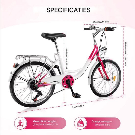 Kinderfiets Fioren - Rosaline - 20 inch - 6 versnellingen - Roze - Voor meisjes - Peuterfiets - Verstelbaar in hoogte