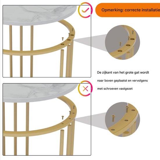 Ronde bijzettafel Malito -Salontafel - Woonkamer - Marmerlook wit - Side table - 40cm