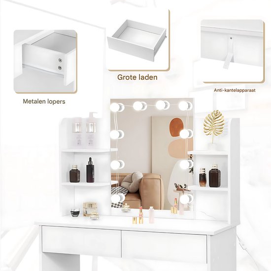 Kaptafel met LED Spiegel - Make-uptafel voor Slaapkamer - Met 2 Laden & 4 Opbergplanken - 90×40×125 cm