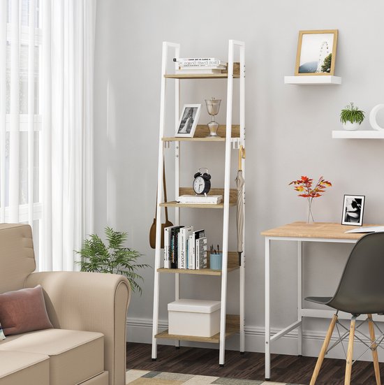 Happyment Boekenkast Galito - 5 lagen - Wit - Marble look - Boekenrek - Woonkamer, slaapkamer en kinderkamer - Hout - Metaal - 40 x 36 x 170 cm - inclusief 4 haken