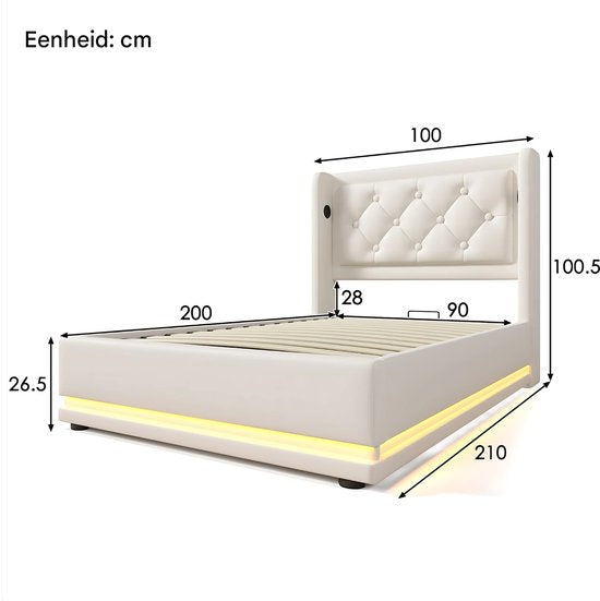 Eenpersoonsbed - Kinderbed - Kinderbedden - Jeugdbed - Voor Slaapkamer of Jeugdkamer - Met USB-C & 3-zijdig Hoofdeinde - Hydraulisch Bed met Opbergruimte - Wit PU Leer - 90x200cm