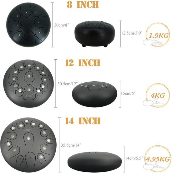 Happyment Stalen Tongdrum - Tongtrommel - Schijftrommel - Tong Drummer - Steel Tongue Drum - Klankschaal - Percussie Instrument - Handpan - Inclusief Drumsticks en Opbergtas - 8 Noten - 15cm - Zwart