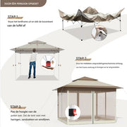 Tuinhuisje voor Buiten - Met 4 Afneembare Klamboes, UV- en Regendicht - Pop-up Patio Tuinhuisje met Dubbele Dakrand - Opvouwbaar - 3,3 x 3,3 m - Khaki
