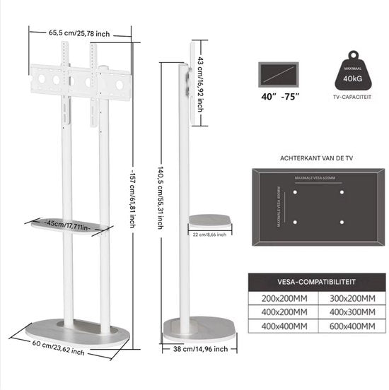 TV vloerstandaard Luxe Opulence - 40-75 inch - Zwart - Standaard beugel - Staand - Robuust - In hoogte verstelbaar - 40KG