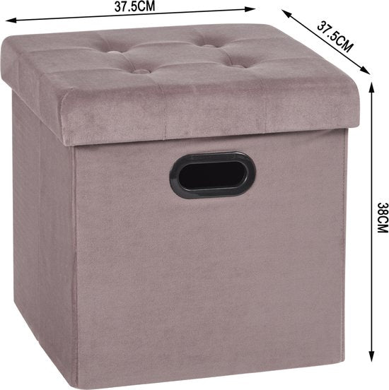 Poef Tulia Deluxe - Met opbergruimte - Voetenbank met opbergruimte - Opbergbox hocker - Zitkist met deskel - Roze - Velvet - 37.5x37.5x38cm