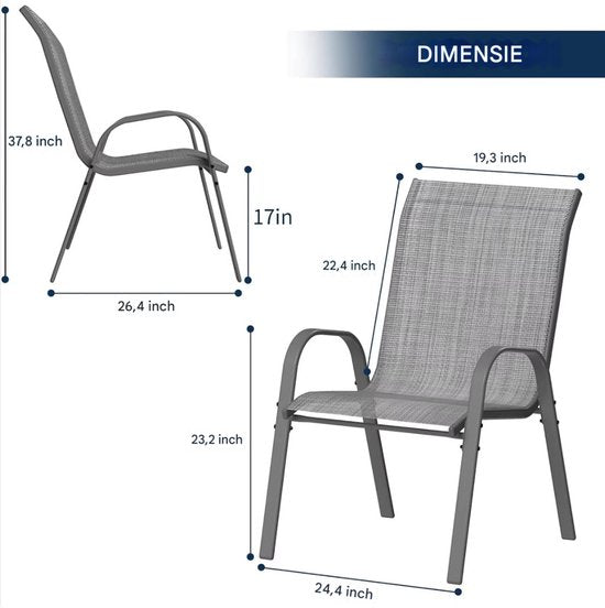 Tuinstoelen voor Buiten - Tuinstoelen met Teslin-stof Flex Comfort Materiaal en Staal-Ijzeren Frame, Hoge Rugleuning - Grijs - 6 stuks