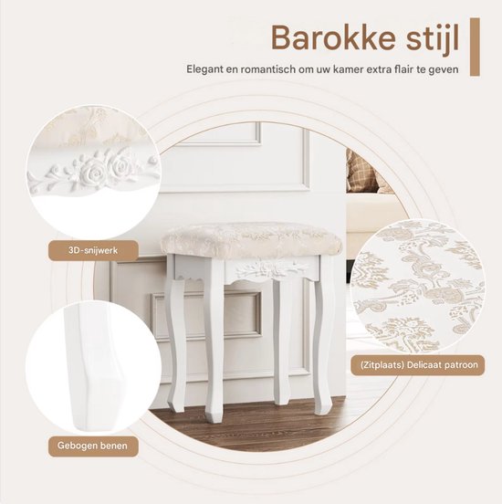 Slaapkamer Kruk - Gewatteerde Kaptafelkruk 40x30x50 cm - Luxe Zitkruk voor Dressoir & Make-uptafel - Wit