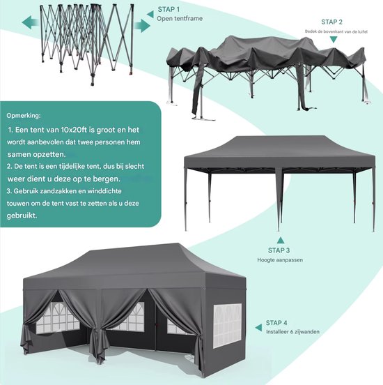 Partytent met zijwanden - 300x600cm - Opvouwbaar - Zwart - Easy up - Paviljoen - Waterdicht weerbestendig - In hoogte verstelbaar