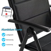 Tuinstoelen Tavien set van 2 - Inklapbaar - Lounge stoel - Rugleuning met 7 verstelbare instellingen, met armleuningen, weerbestendige buitenstoel aluminium structuur - Zwart